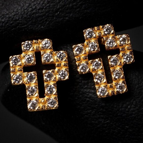 Yellow Gold Plated Sterling Silver Small Iced Cz Cross Stud Screw Back Earrings - Picture 1 of 5